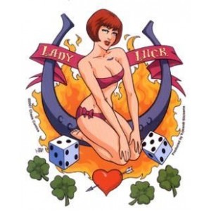 Sticker pinup sexy lady luck flame fer a cheval dès trefles coeur CD885