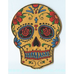 Patch ecusson skull dia de la muerte day of dead jaune croix fleurs