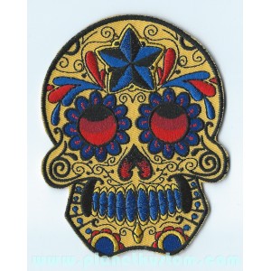 Patch ecusson skull dia de la muerte day of dead jaune croix fleurs