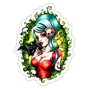 sticker pinup black lilly skull bat blue hair pin up cartoon 7