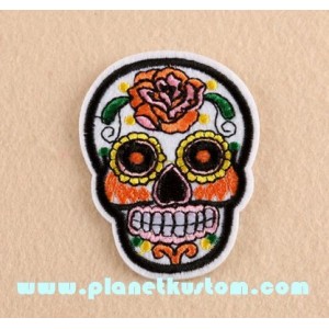 Patch ecusson skull dia de la muerte blanc day of dead sugar skull