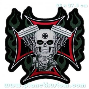 Patch ecusson skull vtwin biker tete de mort flaming iron cross grand